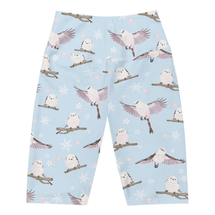 Snow Bird kawaii biker shorts in soft pastels with fluffy enaga birds and snowflakes