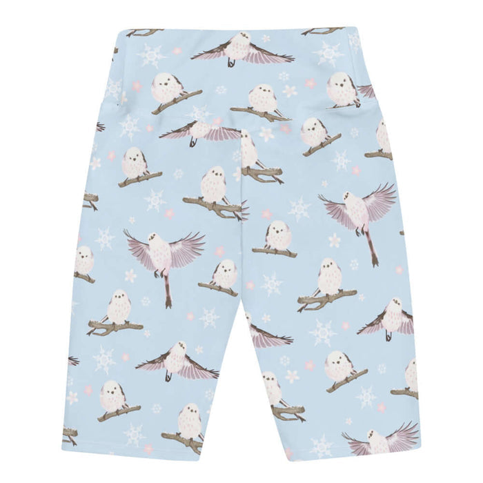 Snow Bird kawaii biker shorts in soft pastels with blushing pink cheeks and cherry blossoms