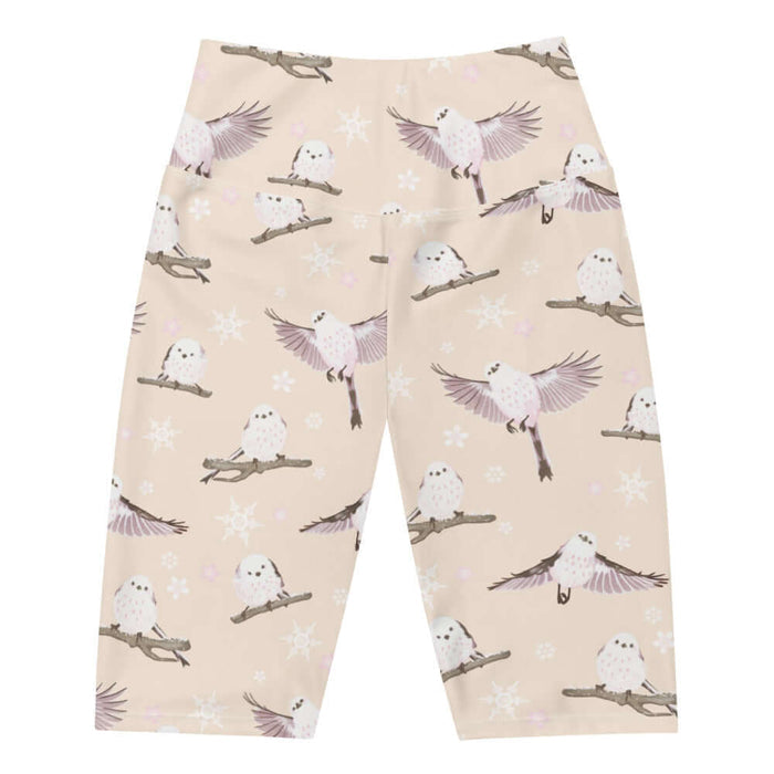 Snow Bird kawaii biker shorts in soft pastels with perched birds and snowy branches