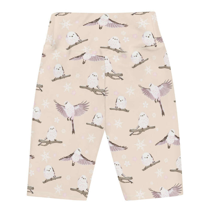 Snow Bird kawaii biker shorts in soft pastels with mid-flight birds and falling snow
