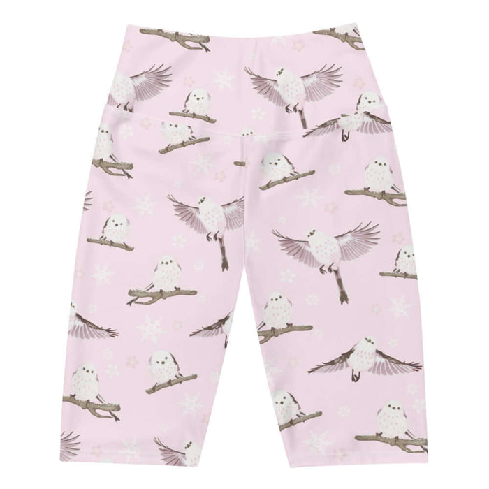 Snow Bird kawaii biker shorts in powder pink with snow-dusted twigs and sakura petals