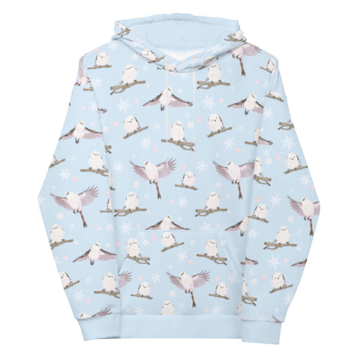 Snow Bird kawaii hoodie in soft pastels with fluffy enaga birds and snowflakes