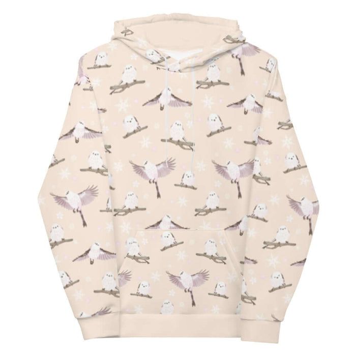Snow Bird kawaii hoodie in soft pastels with perched birds and snowy branches