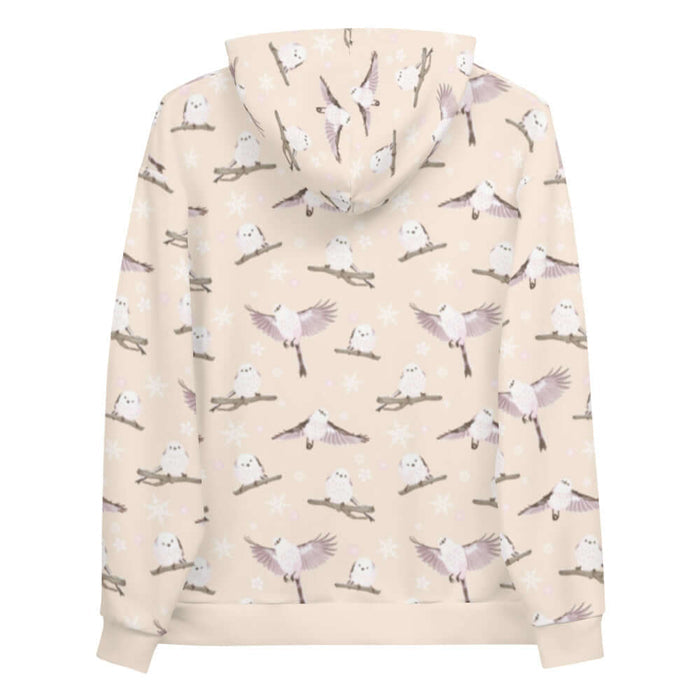 Snow Bird kawaii hoodie in soft pastels with mid-flight birds and falling snow