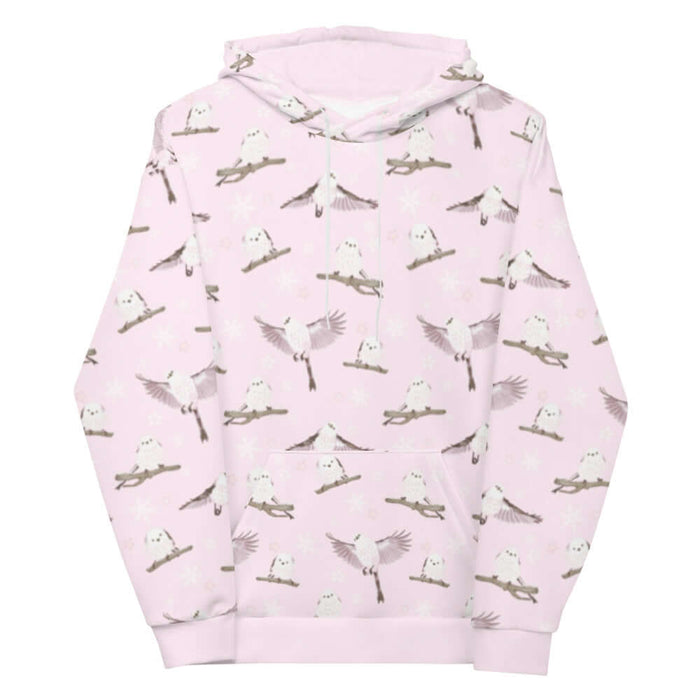 Snow Bird kawaii hoodie in soft pastels with snow-dusted twigs and sakura petals