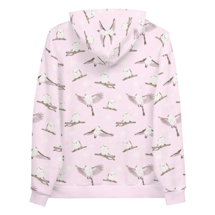 Snow Bird kawaii hoodie in soft pastels with pink-cheeked enagas and crystalline snowflakes