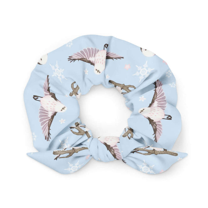 Snow Bird kawaii scrunchie in soft pastels with fluffy enaga birds and snowflakes