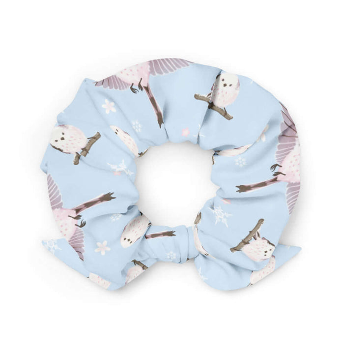 Snow Bird kawaii scrunchie in soft pastels with blushing pink cheeks and cherry blossoms