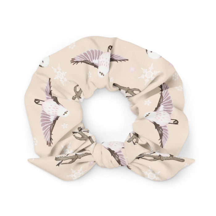 Snow Bird kawaii scrunchie in soft pastels with perched birds and snowy branches