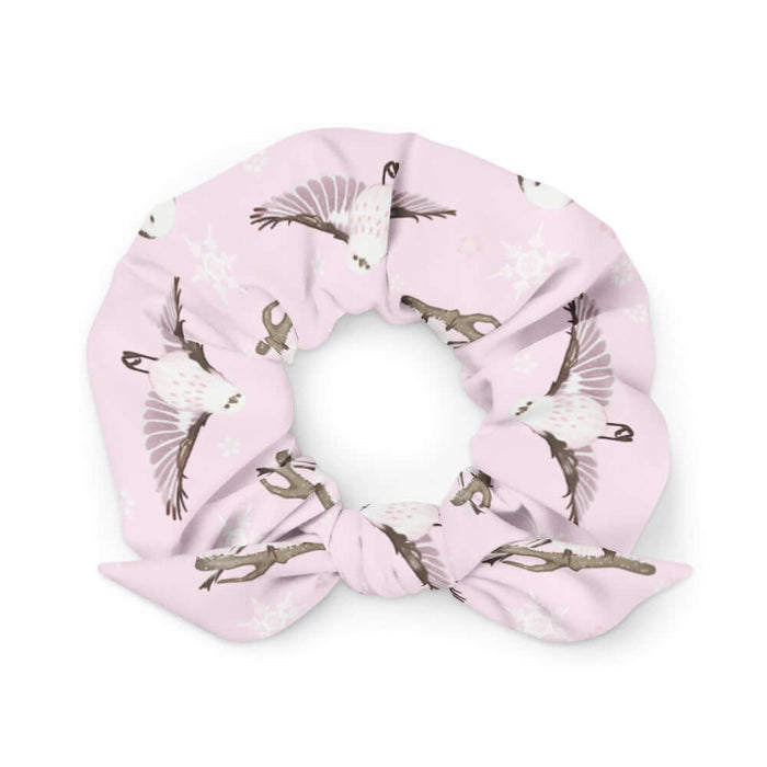 Snow Bird kawaii scrunchie in powder pink with snow-dusted twigs and sakura petals