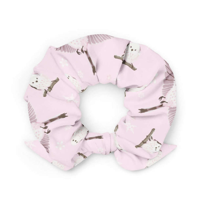 Snow Bird kawaii scrunchie in powder pink with pink-cheeked enagas and crystalline snowflakes