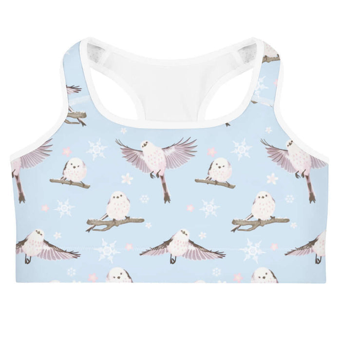 Snow Bird kawaii sports bra in soft pastels with fluffy enaga birds and snowflakes