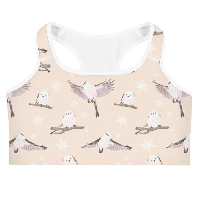 Snow Bird kawaii sports bra in soft pastels with perched birds and snowy branches