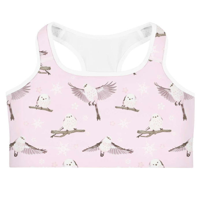 Snow Bird kawaii sports bra in powder pink with snow-dusted twigs and sakura petals