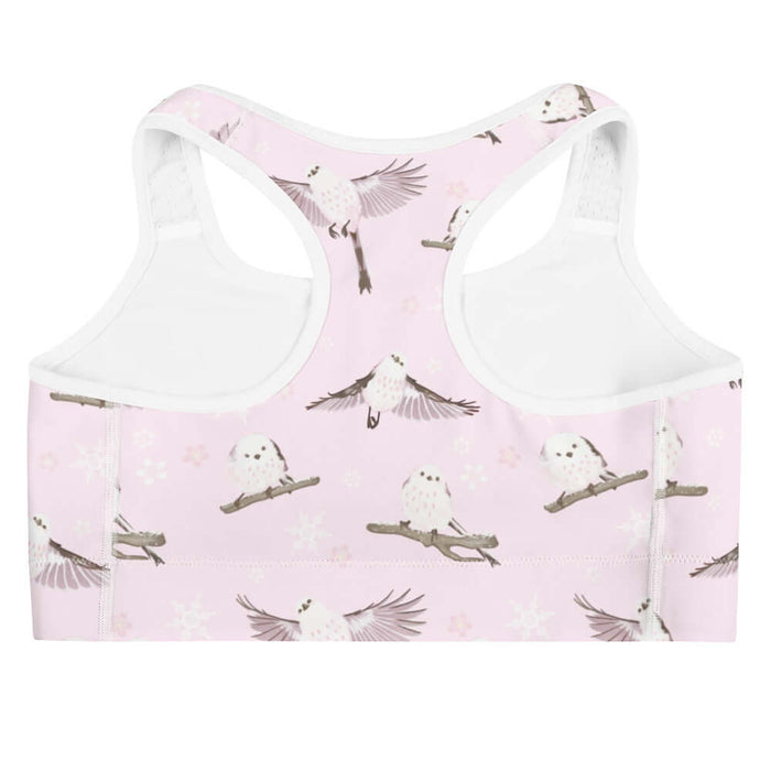 Snow Bird kawaii sports bra in soft pastels with pink-cheeked enagas and crystalline snowflakes