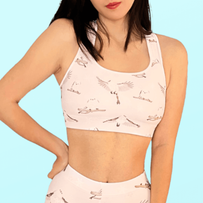 Snow Bird kawaii sports bra in soft pastels with fluffy birds and pale blossoms