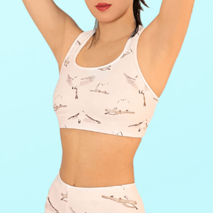Snow Bird kawaii sports bra in soft pastels with snowflakes and soft pink cheeks