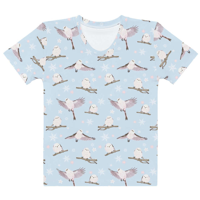 Snow Bird kawaii t-shirt in soft pastels with fluffy enaga birds and snowflakes