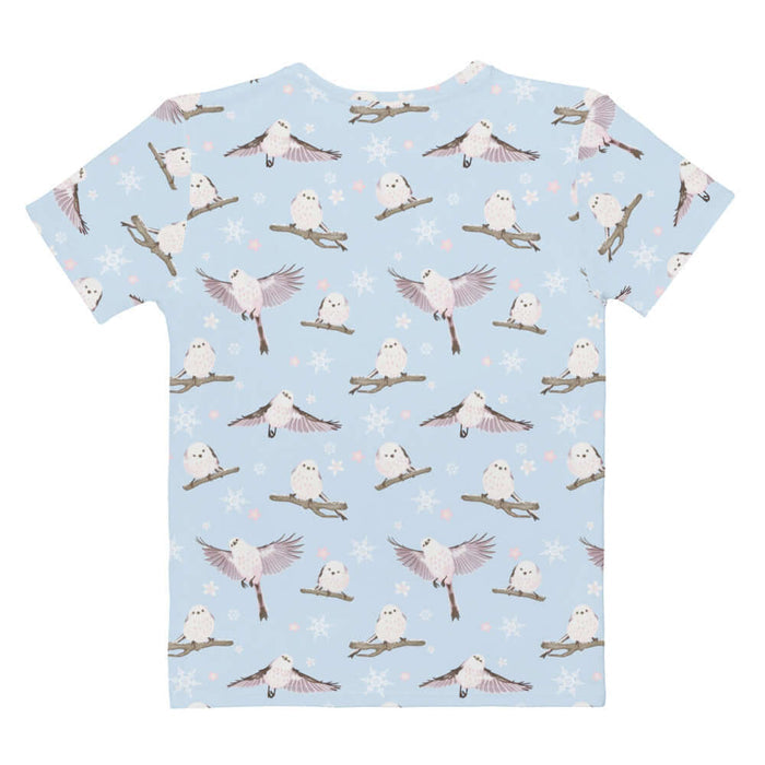 Snow Bird kawaii t-shirt in soft pastels with blushing pink cheeks and cherry blossoms