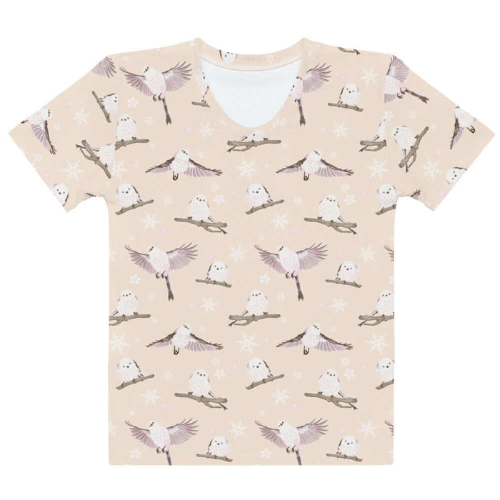 Snow Bird kawaii t-shirt in soft pastels with perched birds and snowy branches