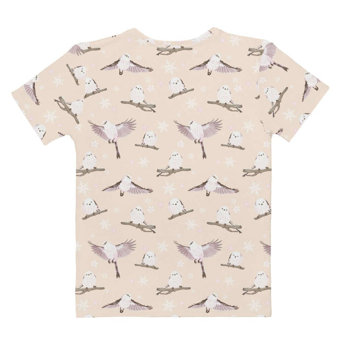 Snow Bird kawaii t-shirt in soft pastels with mid-flight birds and falling snow