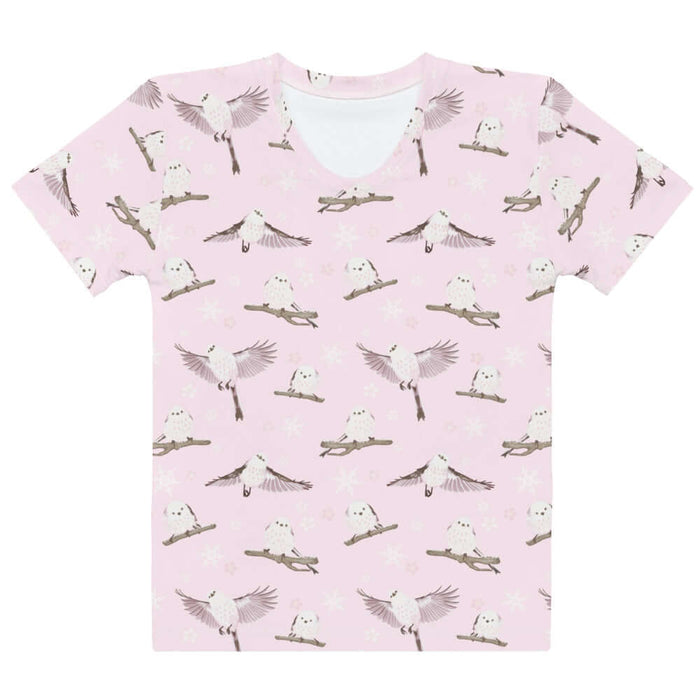 Snow Bird kawaii t-shirt in powder pink with snow-dusted twigs and sakura petals