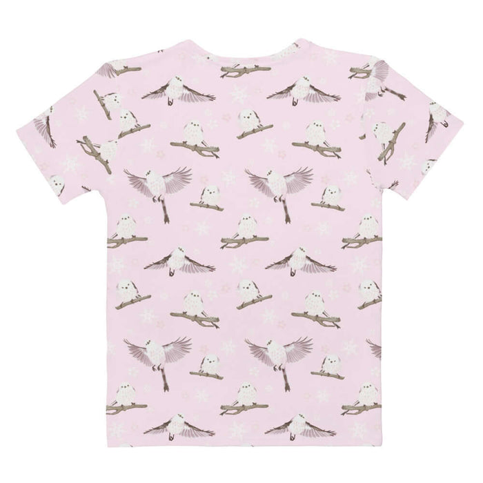 Snow Bird kawaii t-shirt in powder pink with pink-cheeked enagas and crystalline snowflakes