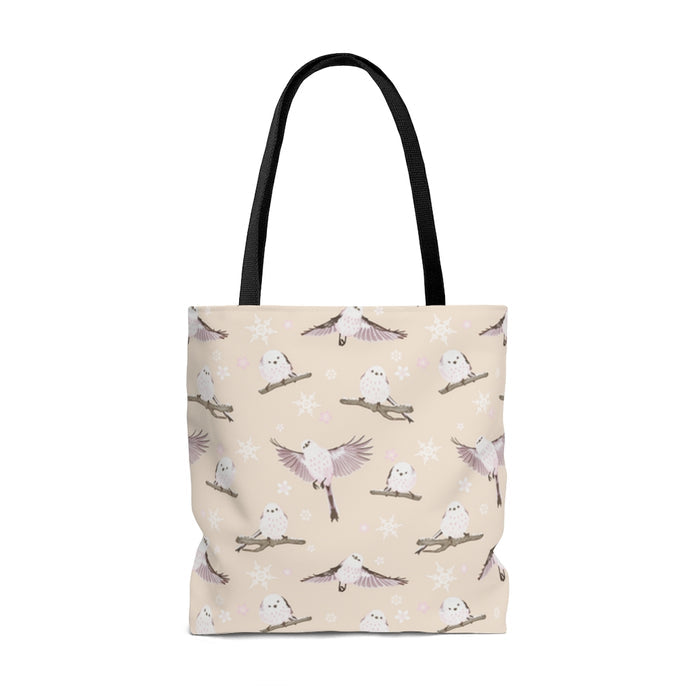 Charming Snow Bird Tote Bag (Cream) featuring adorable birds and snowflakes, perfect for winter outings and gatherings.