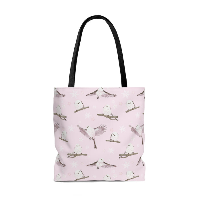 Pastel Snow Bird Tote Bag (Pink) featuring adorable birds, perfect for winter outings and gatherings.