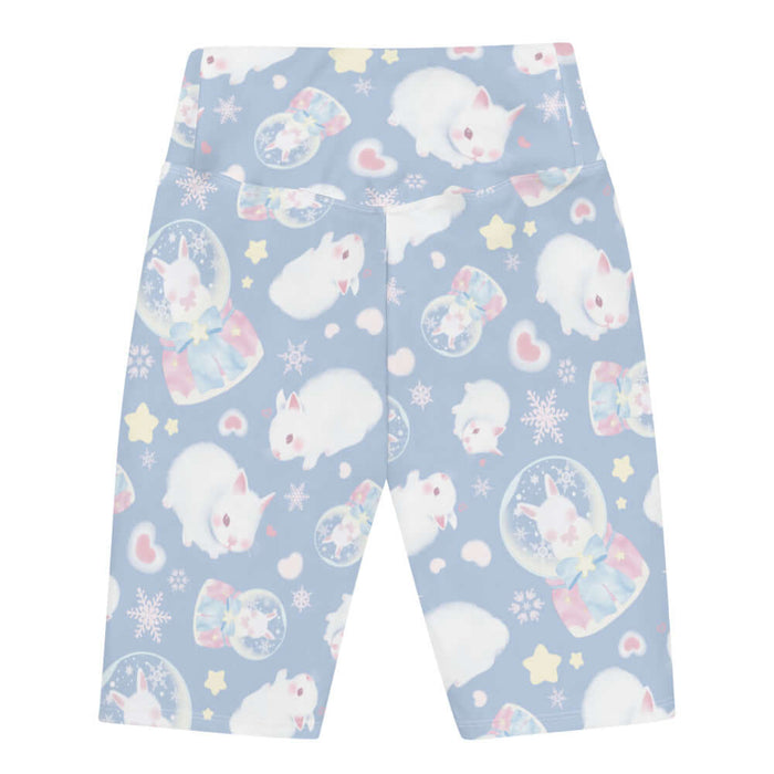 Snow Bunny kawaii biker shorts with blushing bunnies and blue satin bows