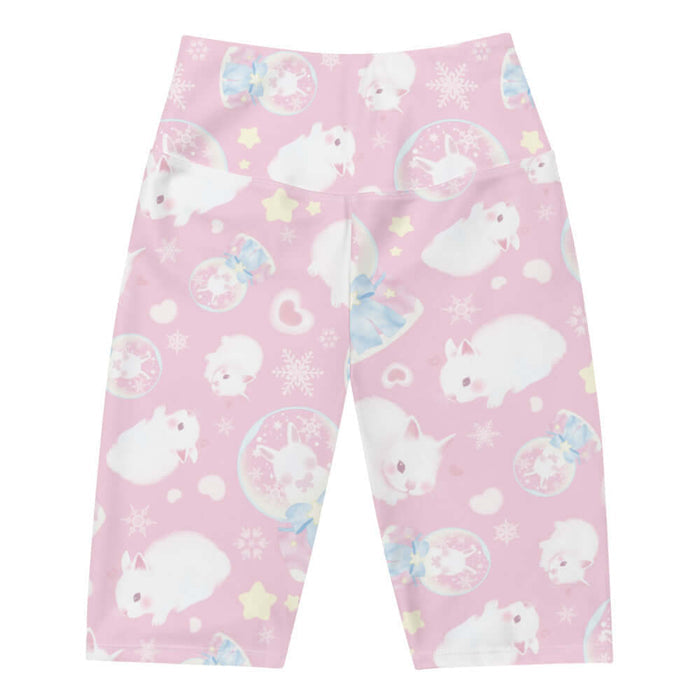 Snow Bunny kawaii biker shorts in pink with snow globes and drifting snowflakes