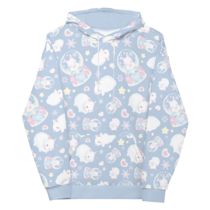 Snow Bunny kawaii hoodie in blue with fluffy white bunnies and snow globes