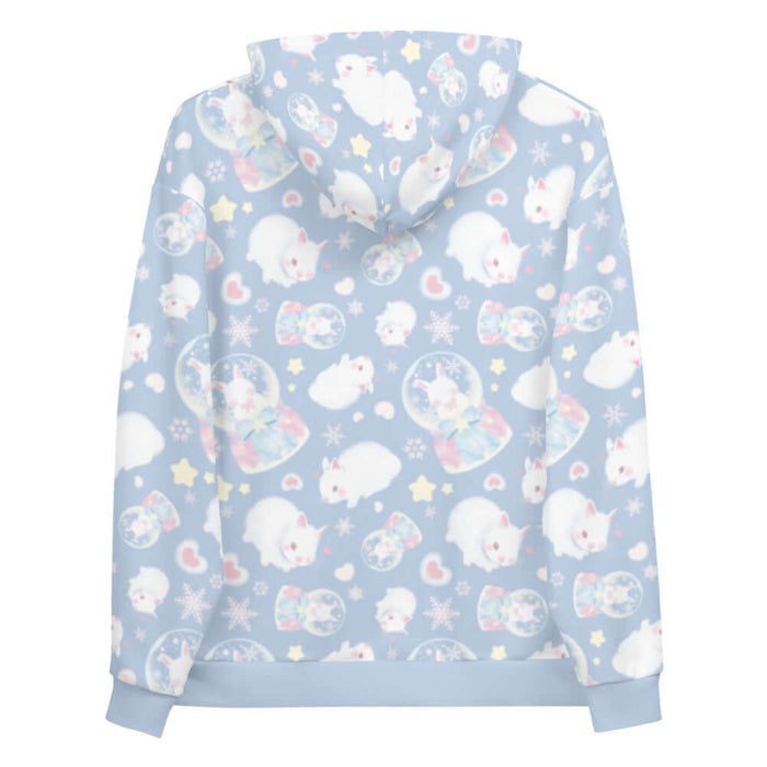 Snow Bunny kawaii hoodie with blushing bunnies and blue satin bows