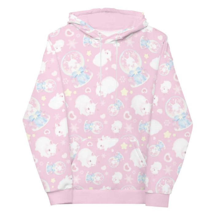 Snow Bunny kawaii hoodie with snow globes and drifting snowflakes