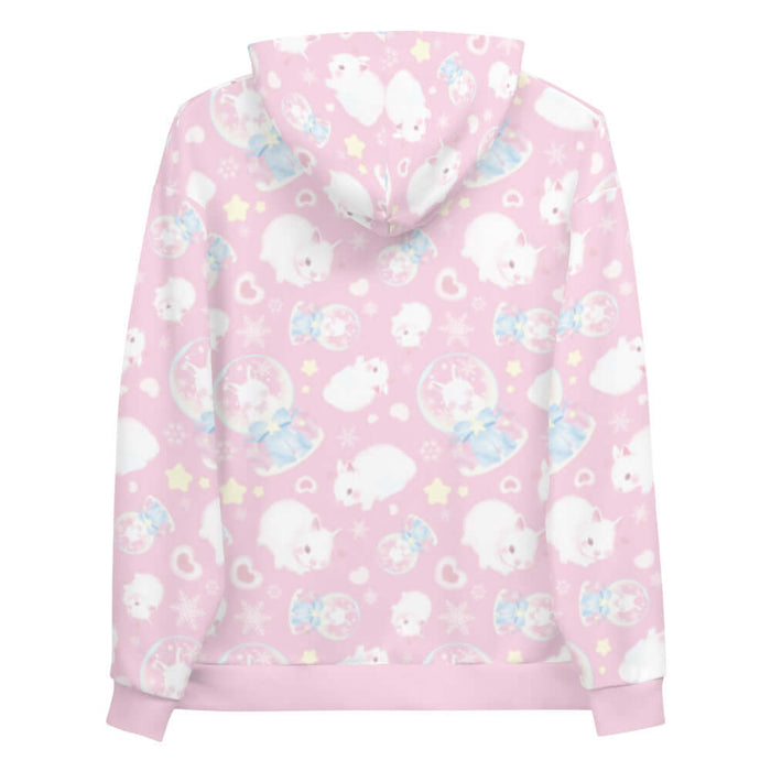 Snow Bunny kawaii hoodie in pink with fluffy bunnies and cream stars