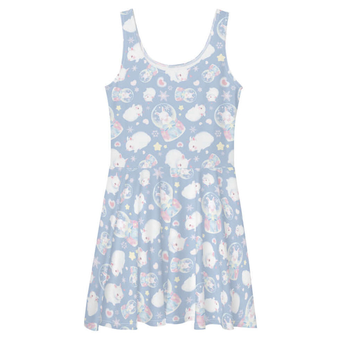Snow Bunny kawaii skater dress with fluffy white bunnies and snow globes
