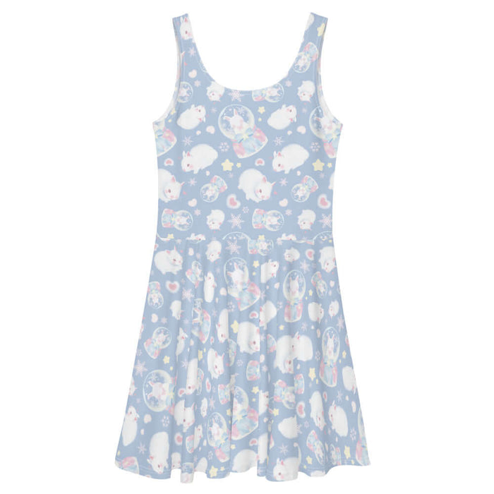 Snow Bunny kawaii skater dress with blushing bunnies and blue satin bows