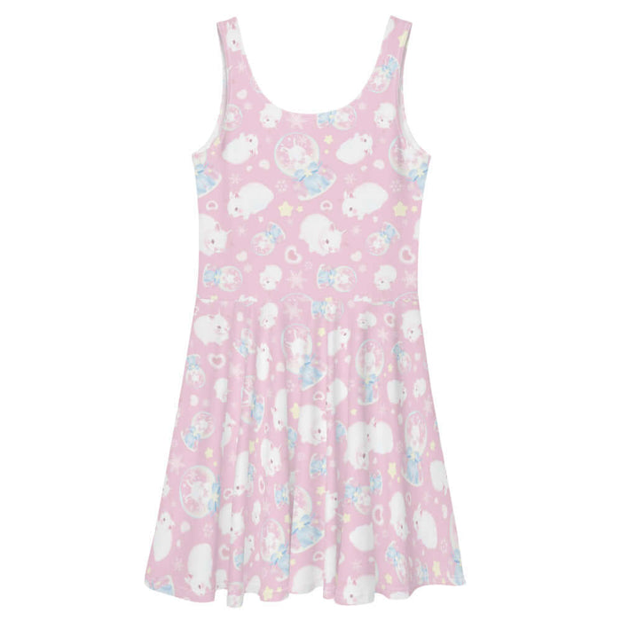 Snow Bunny kawaii skater dress in pink with fluffy bunnies and cream stars