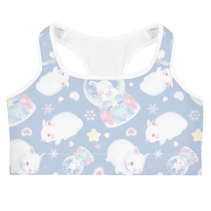 Snow Bunny kawaii sports bra with fluffy white bunnies and snow globes