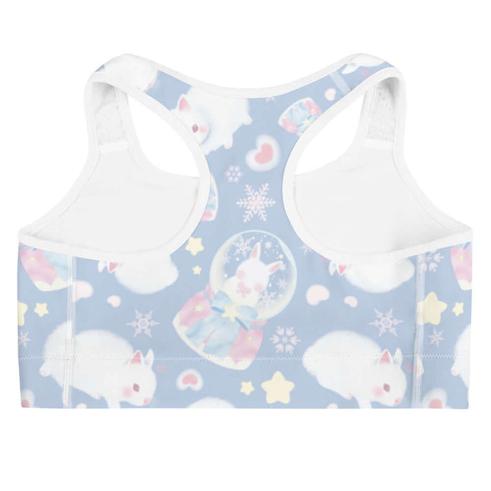 Snow Bunny kawaii sports bra with blushing bunnies and blue satin bows