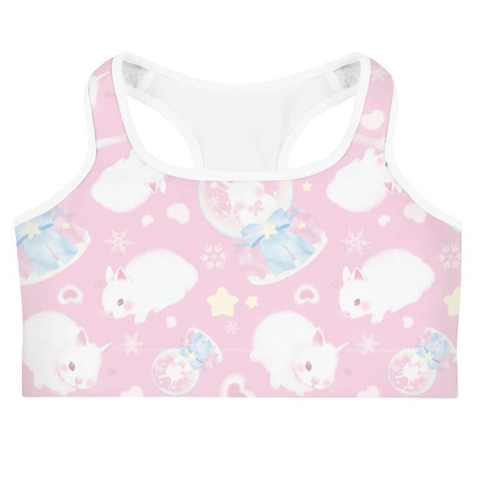 Snow Bunny kawaii sports bra with snow globes and drifting snowflakes