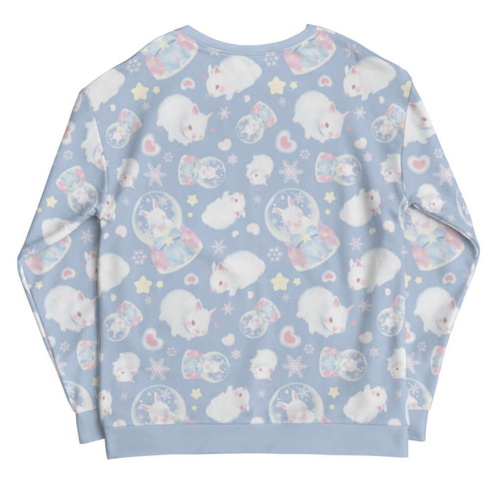 Snow Bunny kawaii sweatshirt with blushing bunnies and blue satin bows