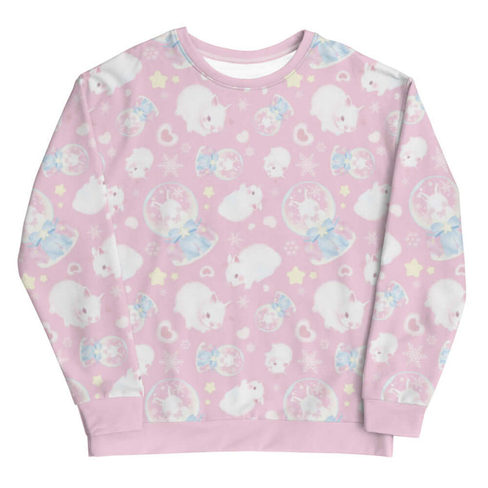 Snow Bunny kawaii sweatshirt in pink with snow globes and drifting snowflakes