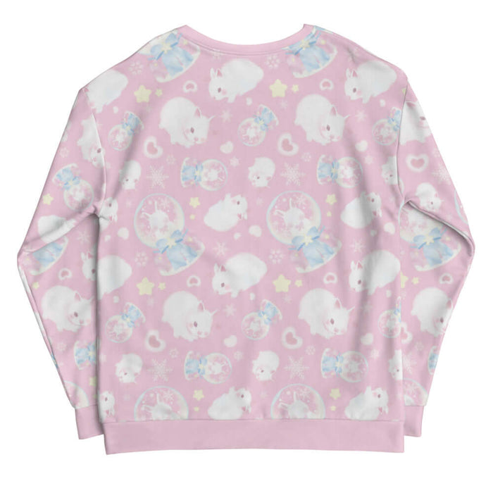 Snow Bunny kawaii sweatshirt in pink with fluffy bunnies and cream stars