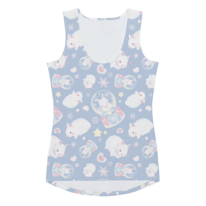 Snow Bunny kawaii tank top in blue with fluffy white bunnies and snow globes