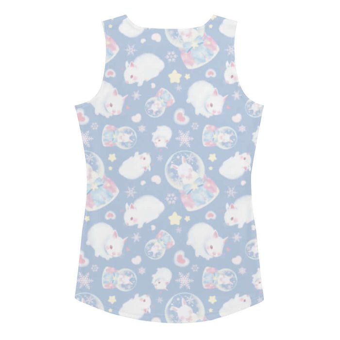 Snow Bunny kawaii tank top with blushing bunnies and blue satin bows