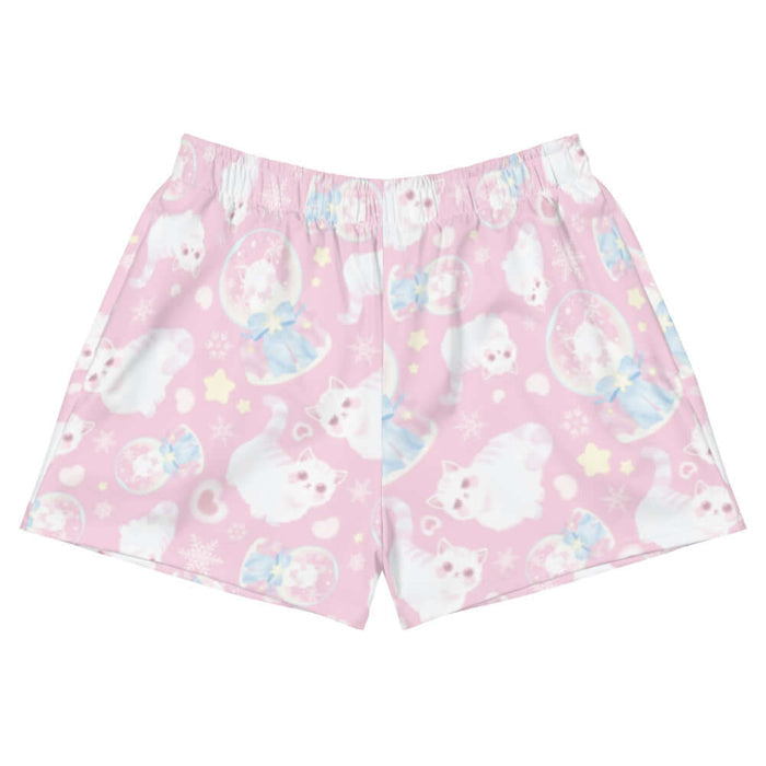 Snow Kitten kawaii short shorts in pink with fluffy white kittens and snow globes