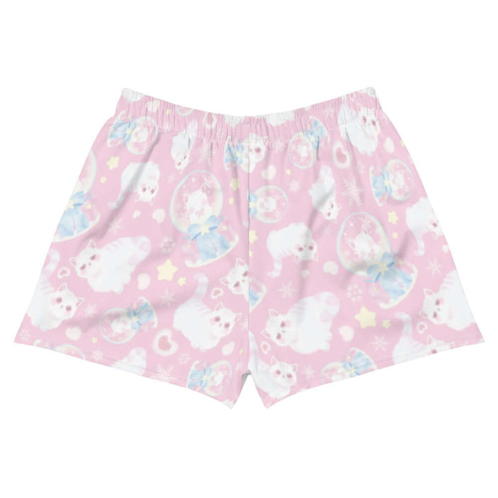 Snow Kitten kawaii short shorts in pink with blushing kittens and blue and pink bows