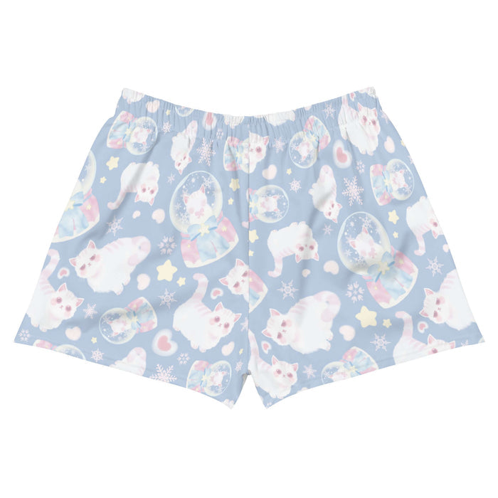 Snow Kitten kawaii short shorts in blue with snow globes and drifting snowflakes