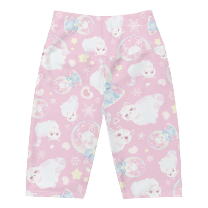 Snow Kitten kawaii biker shorts in pink with fluffy white kittens and snow globes